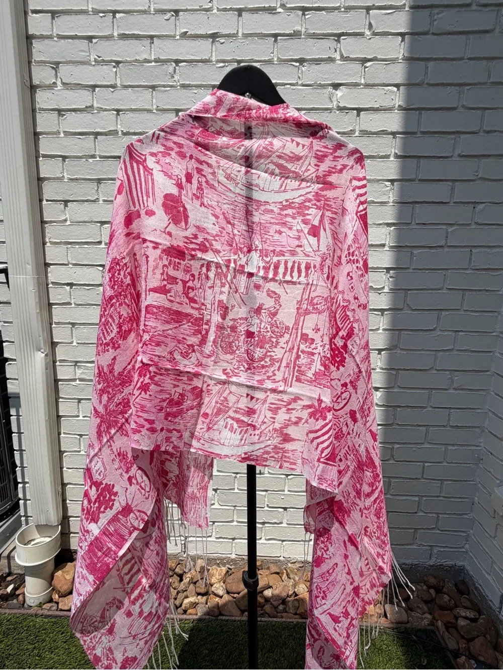 Lilly Pulitzer Pink Beach Toile Print Scarf Wrap Shawl Fringe